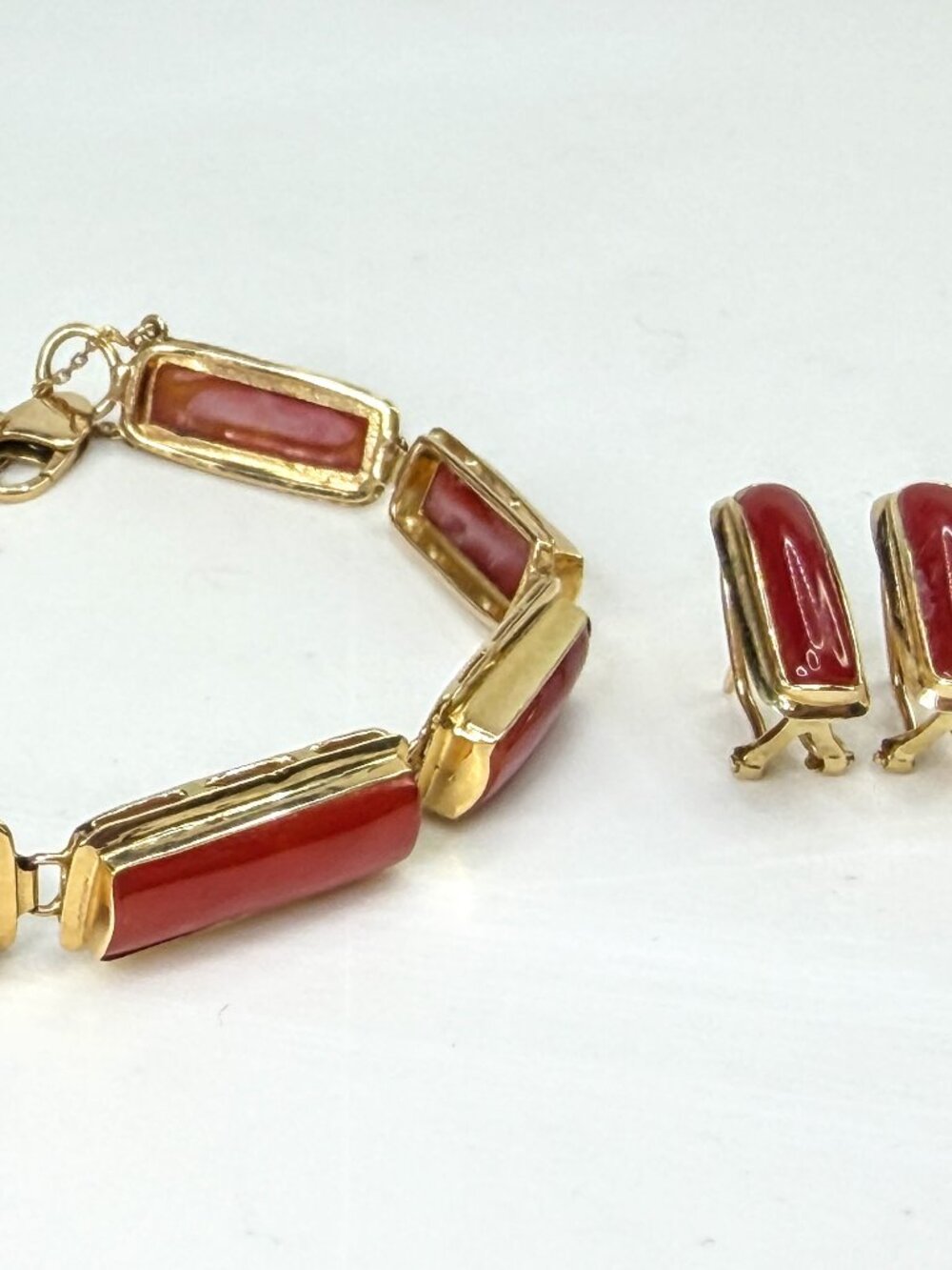 Early Century 14K Gold Natural Red Coral Bracelet & Earrings Demi-Parure JR1993